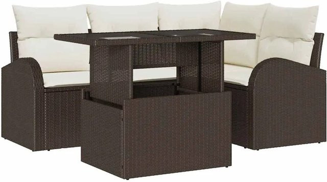 vidaXL Garten-Sofa-Set aus Poly-Rattan in Braun mit 5 Teilen und Kissen im L-Shape Design - Bild 1