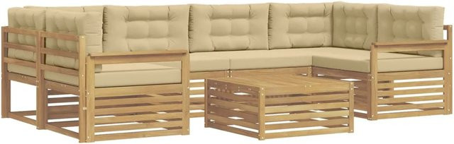 vidaXL Outdoor-Sofagarnitur aus Akazienholz mit 7 Kissen in Weiß und Beige - Bild 1