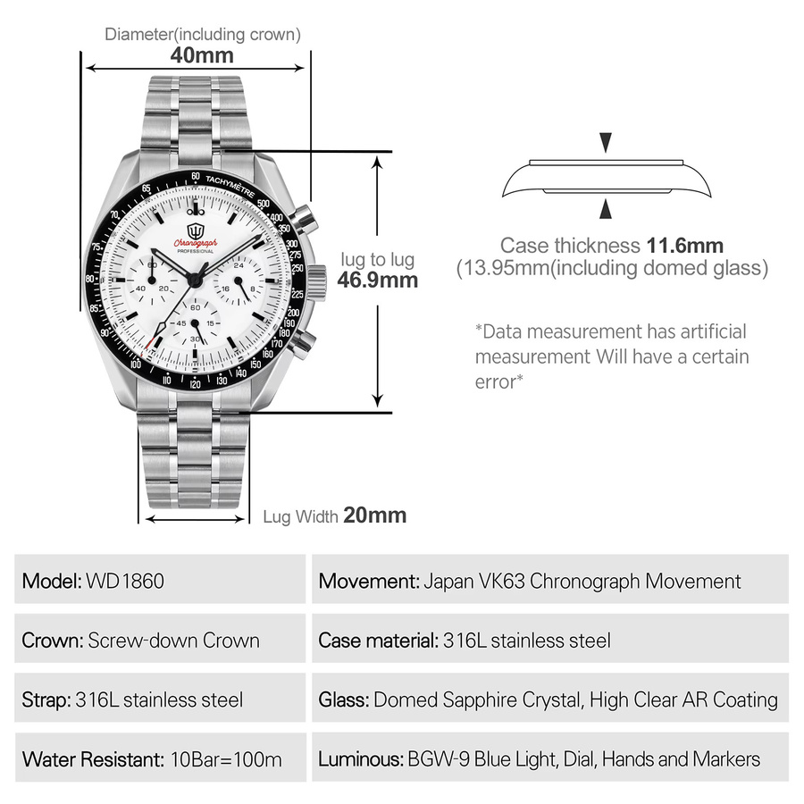 Watchdives Chronograph, Edelstahl, Saphirglas, Schwarz, Unisex - Bild 2