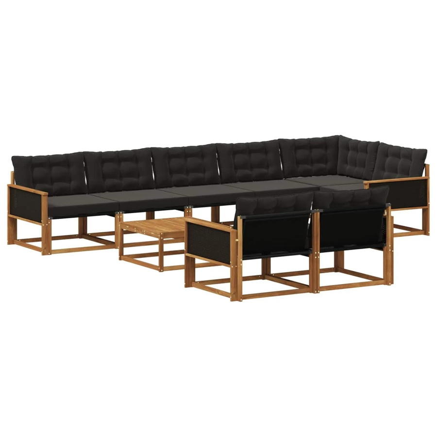 vidaXL Outdoor-Sofagarnitur L-Form aus massivem Akazienholz mit 9 Textilene-Kissen in Schwarz und Natur - Bild 2