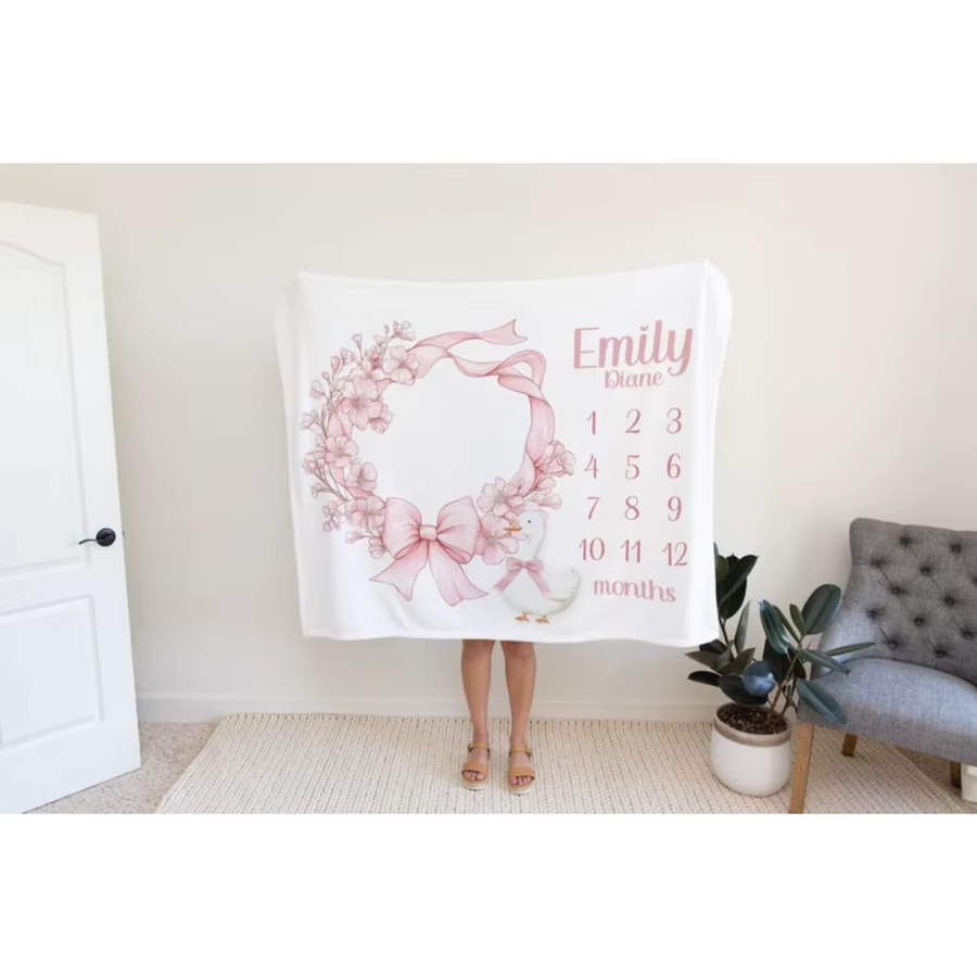 VIKAMA Baby Fotografie-Decke mit rosa Schleife und Blumenkranz-Druck für Neugeborene und Taufe - Bild 2