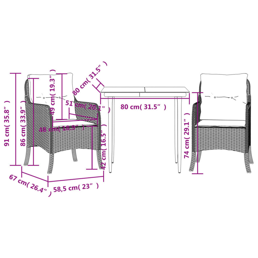vidaXL 3-teilige Garten-Essgruppe aus Poly Rattan mit Kissen und Hartglas, Braun, B/T/H: 67 x 74 x 80 cm - Bild 3