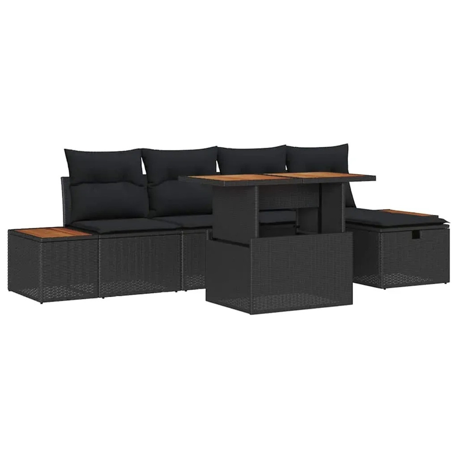 6-tlg. vidaXL Garten-Sofa-Set aus Polyrattan mit Kissen in Schwarz und Akazienholz-Elementen - Bild 2