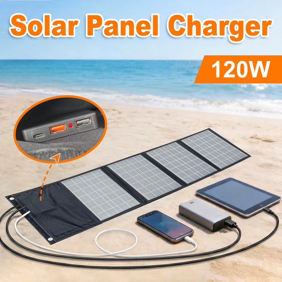 Leaorld 120W Solarpanel-Ladegerät in Schwarz mit USB QC3.0 und PD3.0 Schnellladefunktion für Camping und Outdoor-Reisen - Bild 6