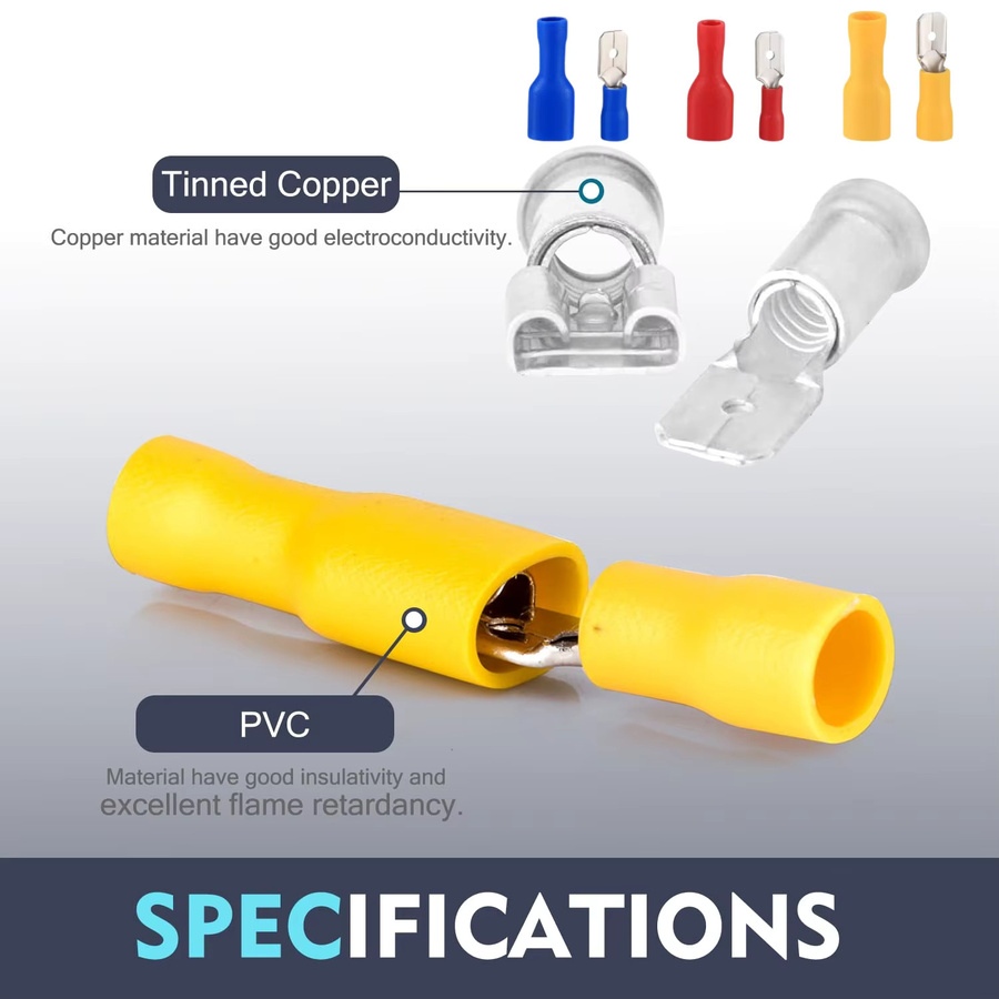TEMINUO Crimp-Terminals Set mit 160/80/60 Stück vollisolierten Flachsteckern und männlichen Steckern, 1/4 Zoll, 6,3 x 0,8 mm, 22–16, 16–14, 10–12 AWG - Bild 3