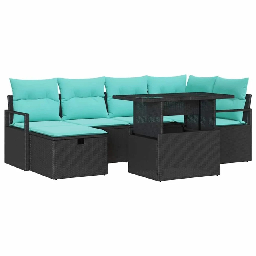 vidaXL Garten-Sofa-Set 7-teilig aus Poly Rattan und Stahl mit Glastisch und Kissen in Schwarz - Bild 2