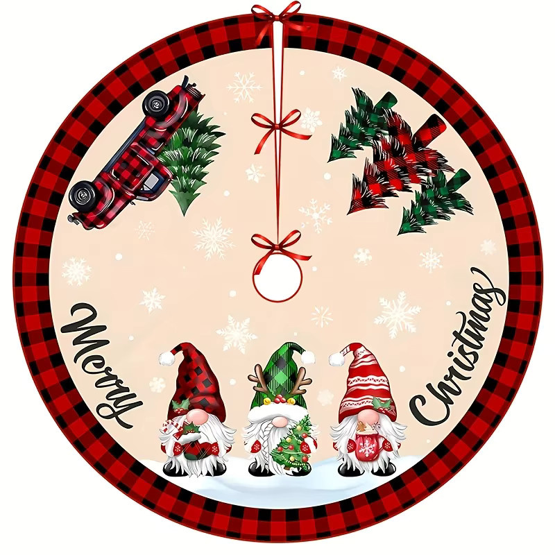 VIKAMA Weihnachtsbaum Rock mit Cartoon Zwerg Design, rot und schwarz kariert, runde Baumfuß Dekoration aus Textil - Bild 3