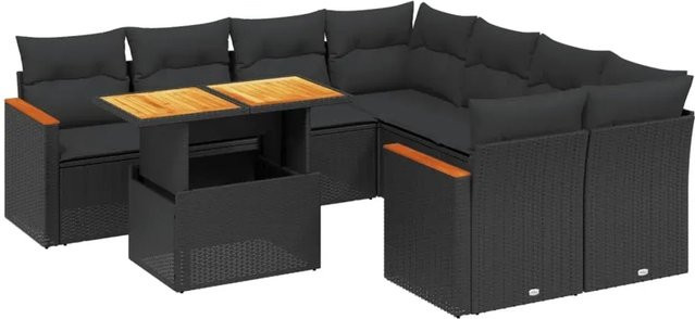 vidaXL 9-tlg. Garten-Sofagarnitur in L-Form aus schwarzem Poly-Rattan mit Kissen und pulverbeschichtetem Stahlrahmen - Bild 1