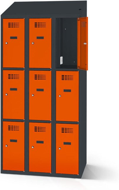 rotstahl Fächerschrank mit Ladefunktion und 9 Fächern in Orange mit anthrazitgrauem Korpus, B: 120 cm, H: 200 cm - Bild 1