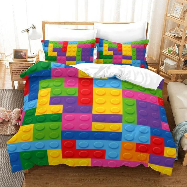 Bettwäscheset Bunte Blöcke von Binchi Outdoor Product in Orange und Blau, Polyester-Bettbezug mit Kissenbezug für Kinder, B/H: 140 x 210 cm - Bild 1