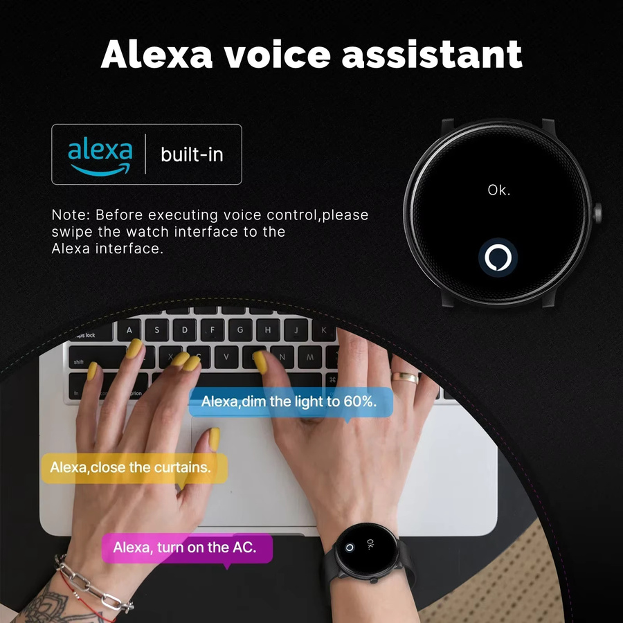 Moes Smart Watch mit Alexa, Fitness-Tracker mit Herzfrequenz- und Blutsauerstoffmonitor, IP68 wasserdicht, Bluetooth, Farbe: Schwarz - Bild 2