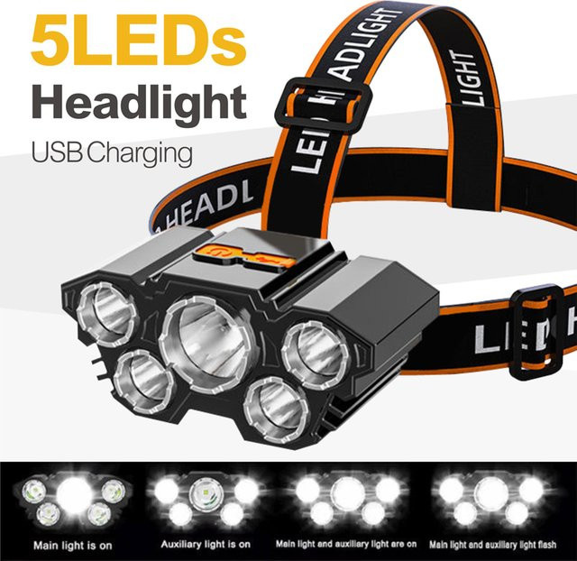 Wiederaufladbarer 5 LED Scheinwerfer in Schwarz für Camping, Angeln und Abenteuer - Bild 1
