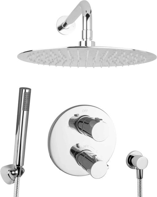 PaulGurkes Regendusche Duschsystem mit Thermostat und Handbrause aus Edelstahl in Chrom und Silber, Kopfbrause Durchmesser: 30 cm - Bild 1