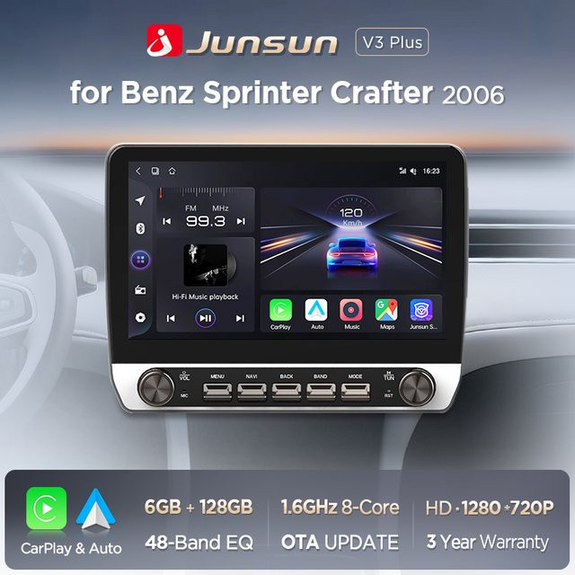 Junsun 10,1 Zoll Autoradio für Mercedes Benz Sprinter und VW Crafter 2006-2016 mit kabellosem CarPlay, Android Auto, IPS-Touchscreen, physischen Tasten, DSP, GPS, WLAN und DAB+ in Schwarz - Bild 1