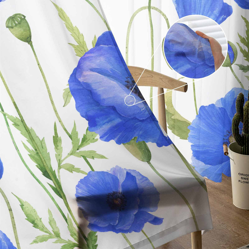 Super Six Fenstervorhang Chiffon mit blauem Retro Aquarell Mohnblumen Muster, transparent, Breite: 135 cm, Höhe: 114 cm - Bild 2