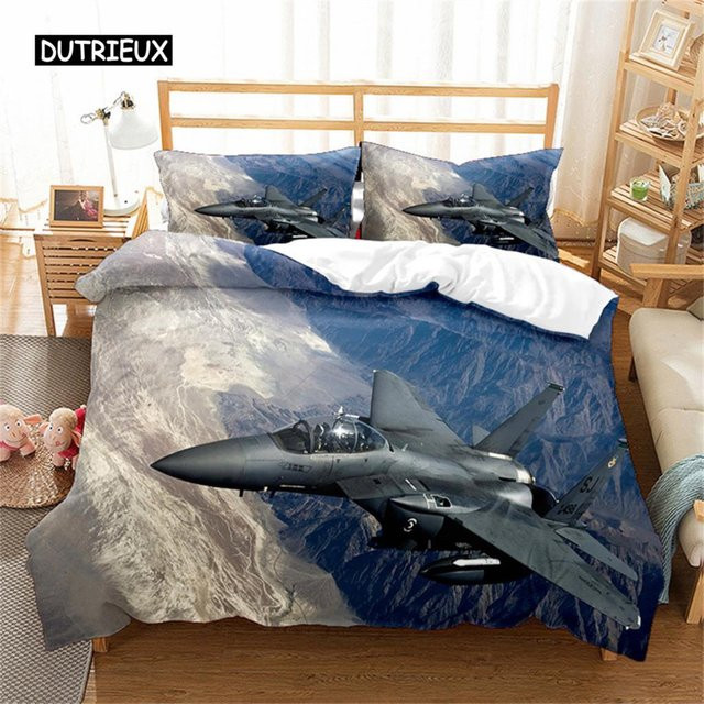 Bettwäsche-Set mit Kampfflugzeug-Motiv von Binchi Outdoor Product in Blau für Kinder und Jugendliche, bestehend aus Bettbezug und Kissenbezug, B/H: 135 x 200 cm - Bild 1