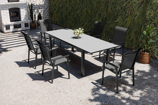 Kettler BasicPlus Pro Garten-Essgruppe aus Aluminium und Textilene in Anthrazit mit ausziehbarem Tisch und 6 Stapelsesseln, Tisch B/T/H: 180 bis 240 x 90 x 76 cm - Bild 1