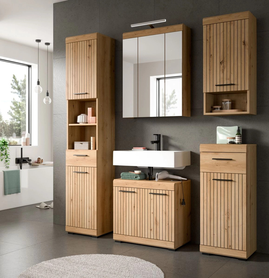 Badmöbel Set Shawn von Inn.Furn in Eiche Braun, 2-teilig mit Waschtischunterschrank und Spiegelschrank, Breite: 60 cm - Bild 4