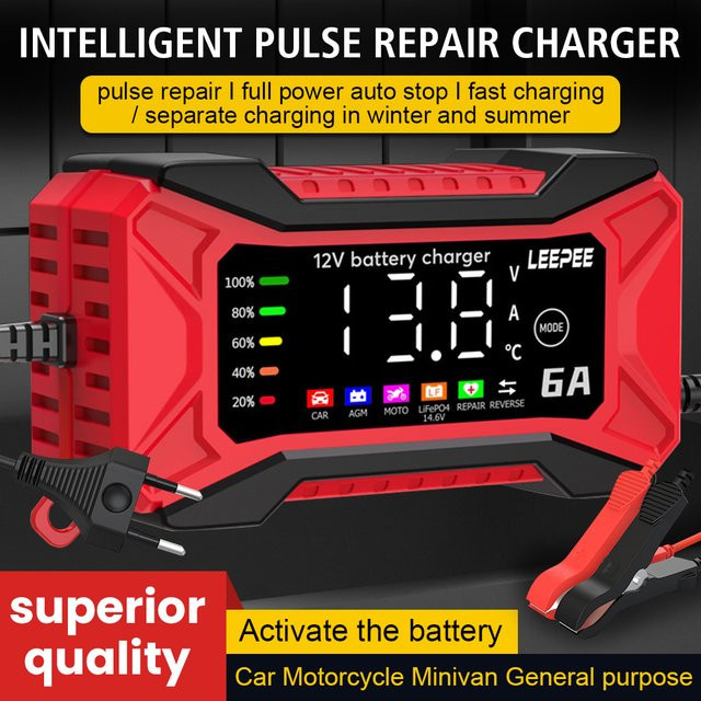 Intelligentes digitales LCD Batterie Ladegerät für SUV, Motorrad, LKW und Auto mit Puls Reparatur Funktion, 12 V, 6A, Farbe: Rot - Bild 1