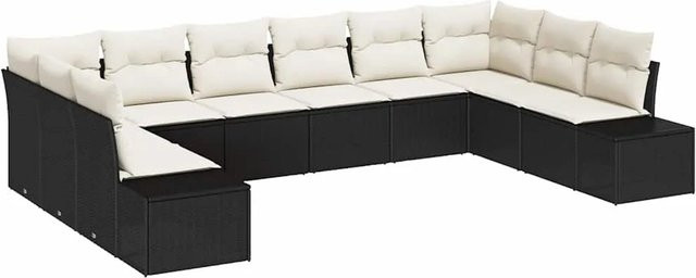 vidaXL Garten-Sofa-Set aus Poly Rattan in U-Form mit Kissen, 10-teiliges Lounge-Set in Schwarz-Creme - Bild 1