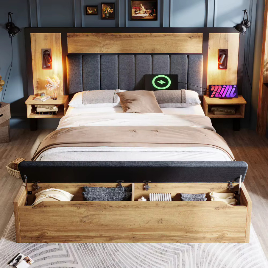 Gepolstertes Doppelbett in Braun mit LED-Beleuchtung, USB-C-Ladeport und Bettbank mit Stauraum, B/T: 180 x 200 cm - Bild 4