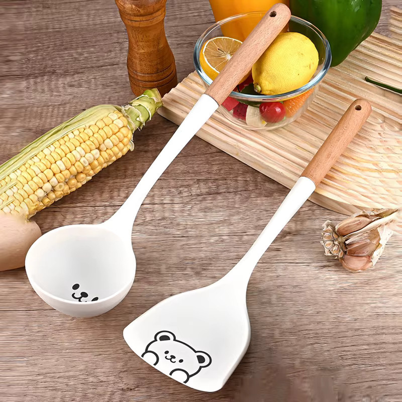 Venlohome 2er-Set Silikon-Küchenhelfer mit Holzgriff in Weiß, Cartoon Spachtel und Schöpfkelle für beschichtete Pfannen - Bild 2