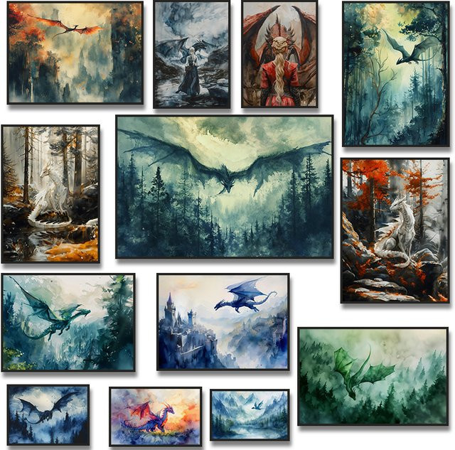Potdemiel Aquarell Leinwand Poster Drache im Wald in Weiß und Grün im Dark Academia Stil - Bild 1