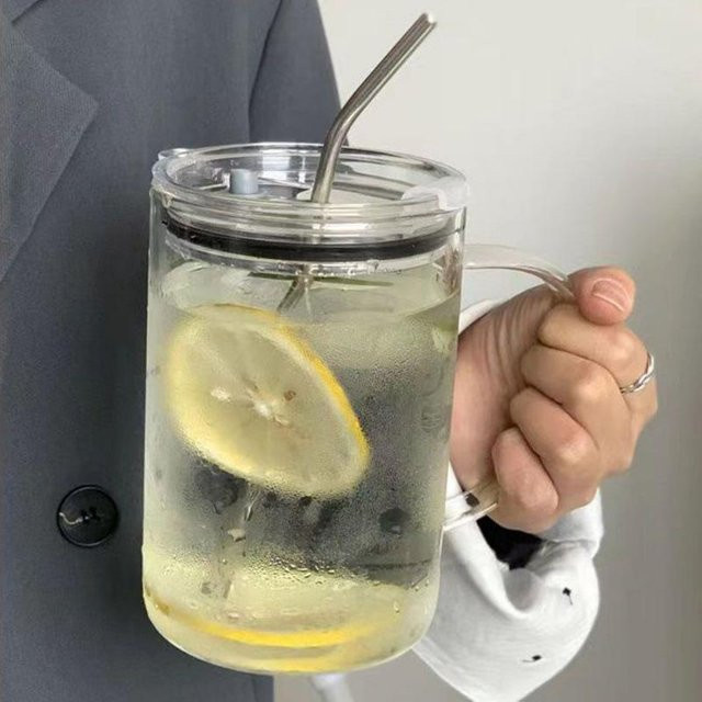 Gardenny Trinkglas Becher aus Glas mit Deckel und Strohhalm, Transparent/Grau, 1 l - Bild 1