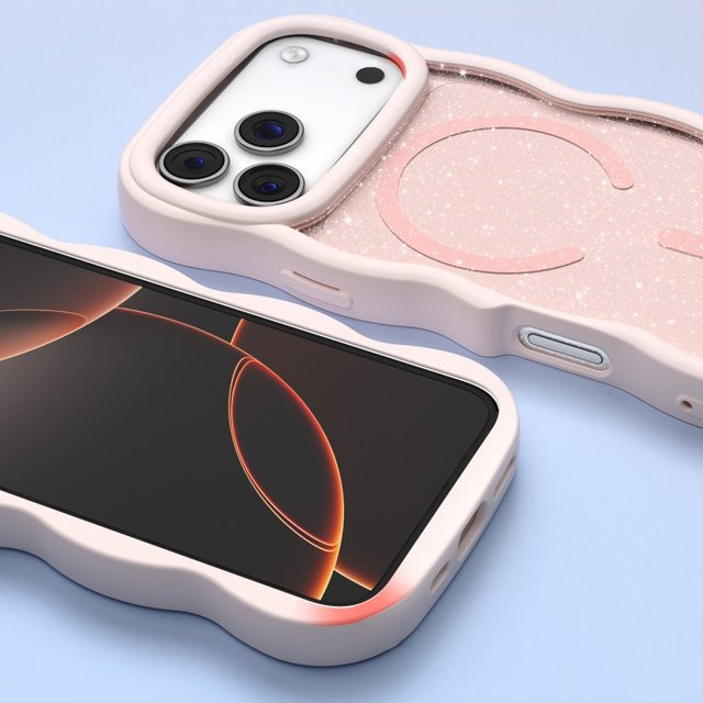 Glänzende Macaron Magnet-Glitzer-Hülle für Apple iPhone 17 16 15 14 13 Pro Max, Transparent Pink, MagSafe kompatibel mit welligem Design - Bild 1