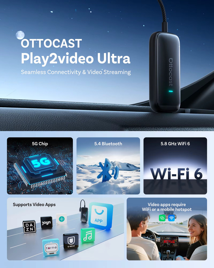 Ottocast Play2Video Ultra Kabellose CarPlay und Android Auto AI-Box mit WiFi6 für VW in Schwarz - Bild 4