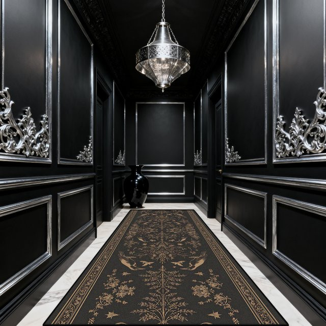 Waschbarer Orient Teppich Läufer LYAHKAE in Schwarz für Flur und Hotel Lobby, Rechteckig - Bild 1