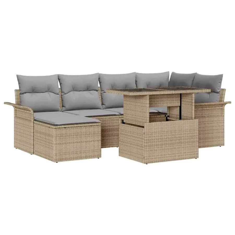 7-teiliges vidaXL Garten-Sofa-Set aus Polyrattan in Beige mit Kissen und Tisch - Bild 2