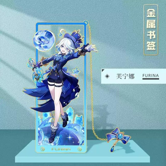 Genshin Impact Metall Lesezeichen Set mit Charakteren Skirk, Furina, Scaramouche, Kinich und Valessa in Blau für deine Schreibtisch Dekoration - Bild 1