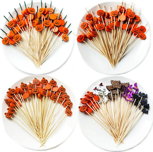 100 Stück Halloween Einweg Bambus Spieße in Orange für Buffet Obst und Dessert - Bild 1