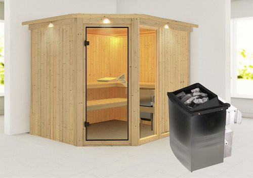 Karibu Sauna Paide 3 aus Fichtenholz in Beige inklusive 9 kW Saunaofen mit integrierter Steuerung für 4 Personen, B/T/H: 245 x 210 x 202 cm - Bild 1