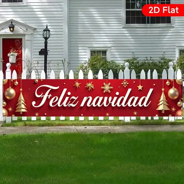 VIKAMA Feliz Navidad Weihnachtsbanner in Rot für Innen- und Außenbereich, rechteckiges Hängebanner zur Weihnachtsdekoration, Breite: 180 cm, Höhe: 40 cm - Bild 1
