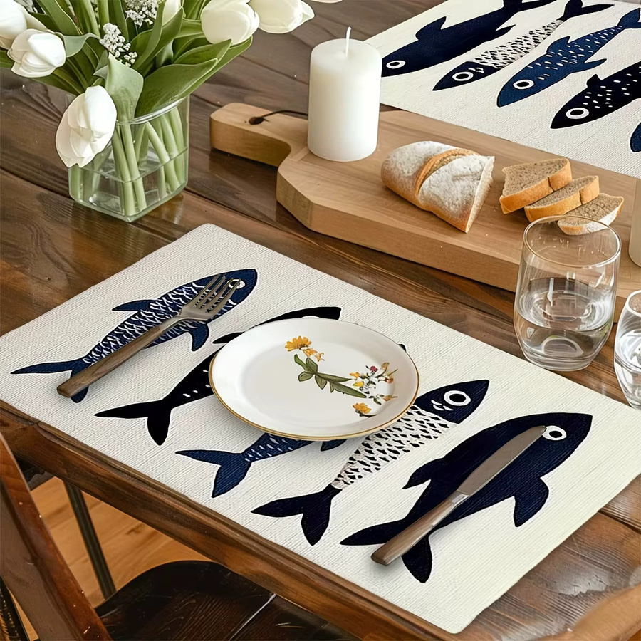VIKAMA Tischset Set Nordic Coastal Fish Pattern in Blau, maschinenwaschbar - Bild 3