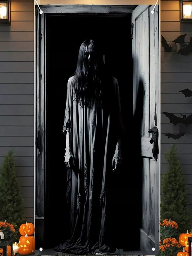 VIKAMA Halloween Türbanner Geist Dekoration für innen und außen, Weiß, B/H: 90 x 180 cm - Bild 5