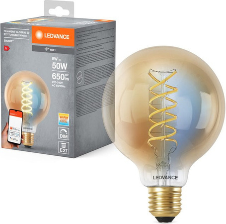 LEDVANCE Smart+ WiFi Filament Globe LED-Lampe, Tunable White, Dimmbar, 600 lm, Transparent