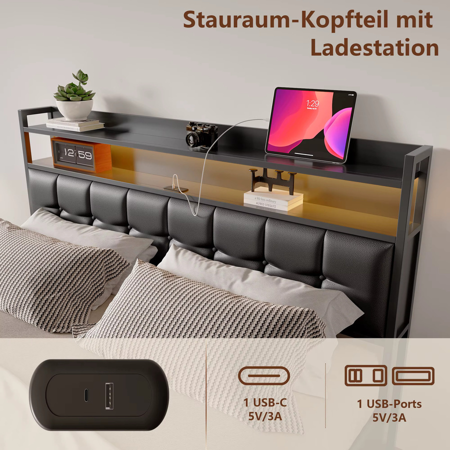 Rosahqnda Polsterbett mit LED-Beleuchtung und USB-Ladefunktion in Grau, Doppelbett mit Stauraum und Lattenrost aus PU-Leder, B/T: 140 x 190 cm - Bild 5