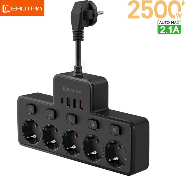 Lehotpia Steckdosenleiste mit Netzwerkfilter und USB-C-Ladefunktion, 2500 W, mit unabhängigen Schaltern und Wandmontage, EU-Stecker Standard - Bild 1