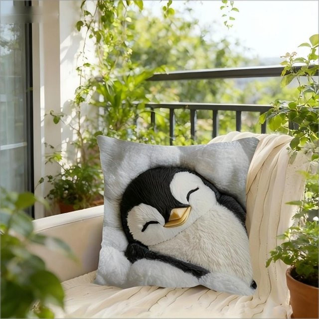 Weiche Kissenhülle mit 2D gesticktem Schlaf-Pinguin Aufdruck, Peach Skin Material, B/B/H: 18 x 18 x 1 cm, Mehrfarbig - Bild 1