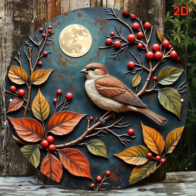 Rundes Aluminiumschild Potdemiel Herbstspatz mit Beeren und Vollmond im Landhausstil, Durchmesser: 20,32 cm - Bild 1