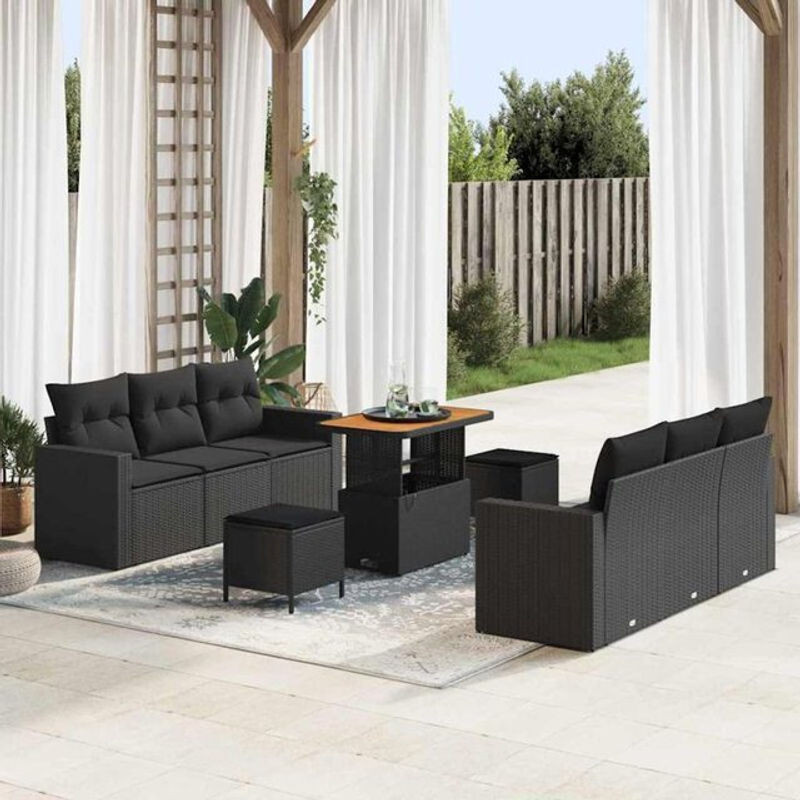 Vidaxl Polyrattan Garten-Sofa-Set mit Kissen und Hocker, 9-teiliges modulares Loungemöbel-Set aus Metall in Schwarz, B/T/H: 90 x 55 x 71 cm - Bild 1