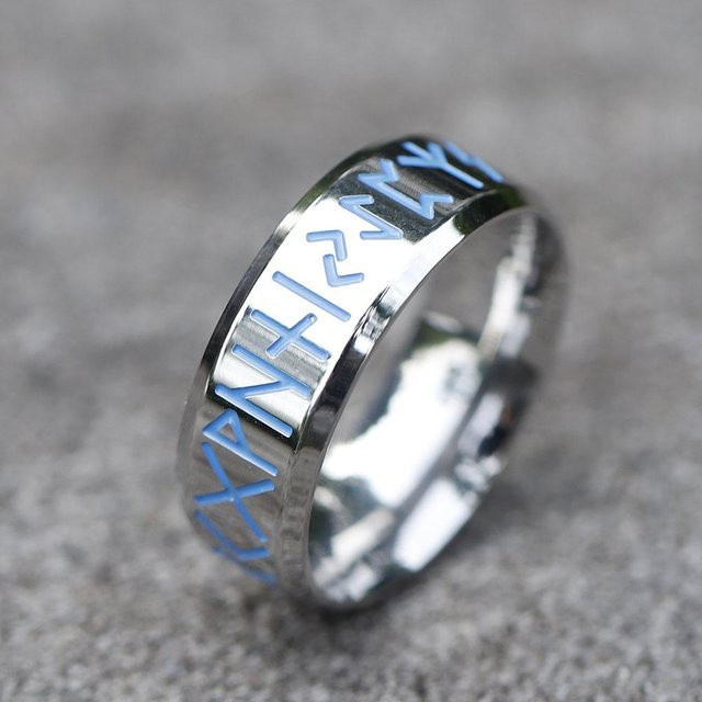 Lucky Star Jewelry Ring, Edelstahl, Blaue Runenbuchstaben, Herren - Bild 1