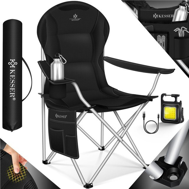 KESSER Campingstuhl faltbar mit hoher Rückenlehne und Polsterung in Schwarz, Klappstuhl mit Armlehnen, Getränkehalter und Tasche, belastbar bis 150 kg - Bild 1