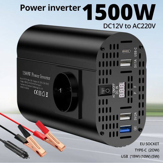 TATALIKEN Wechselrichter DC 12V zu AC 220V 50Hz 1500W tragbarer Spannungskonverter für Solar und Auto in Schwarz - Bild 1