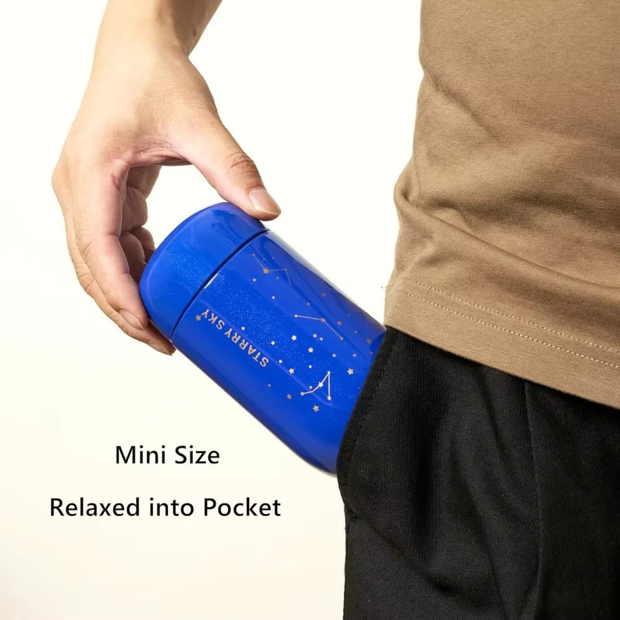 Mini-Thermosflasche aus Edelstahl 304 mit Sternenhimmel-Design in Blau, tragbare Wasserflasche, BPA-frei, Volumen: 13,2 l, Höhe: 6,6 cm - Bild 4