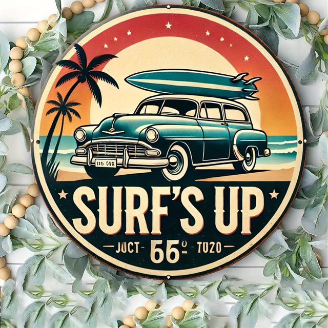 Potdemiel Vintage Surf's Up Rundes Metallschild Retro Stranddekoration aus Aluminium, Durchmesser: 20 cm, Mehrfarbig - Bild 1