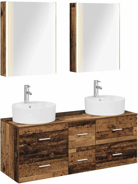 vidaXL Badezimmermöbel-Set 5-teilig aus Altholz und Glas in Braun mit LED-Beleuchtung und Spiegelschrank - Bild 1